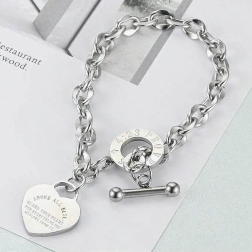 Silver Stainless Steel Chain Links Heart Charm Bracelet
